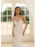 One Shoulder Ivory Lace Tulle Pearls Beaded Wedding Dress